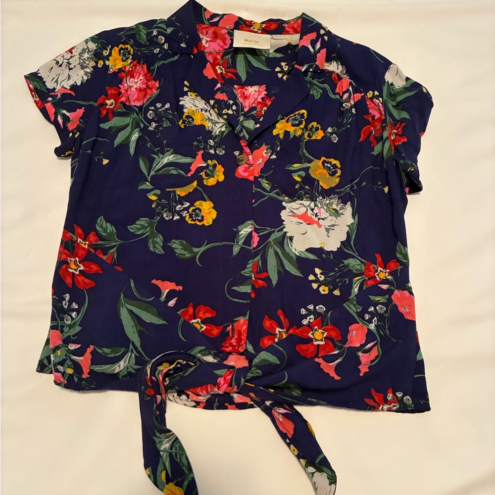 Anthropologie Navy Floral Tie-Front Blouse